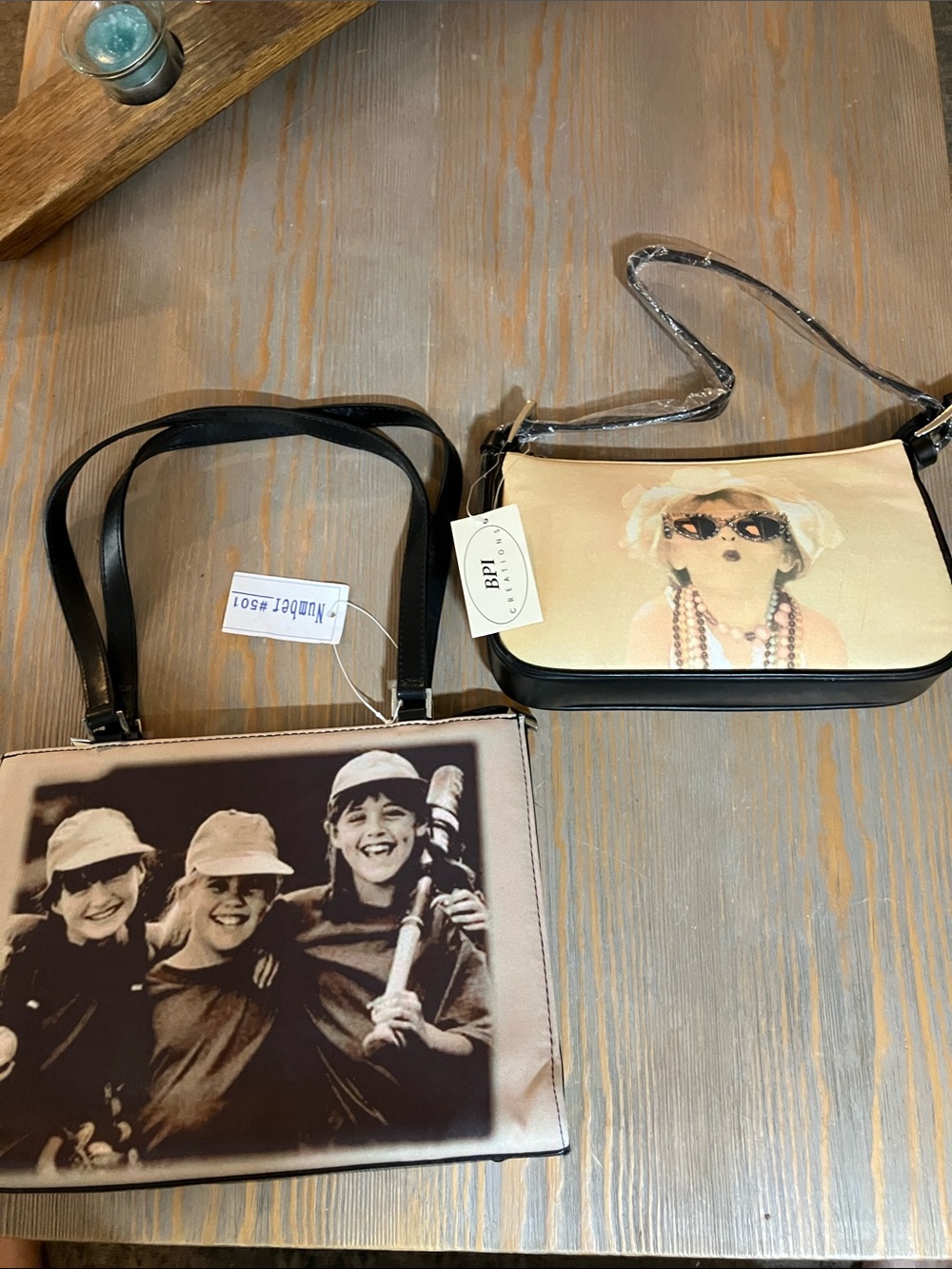 bp Black and Cream Photo-Print Shoulder Bag